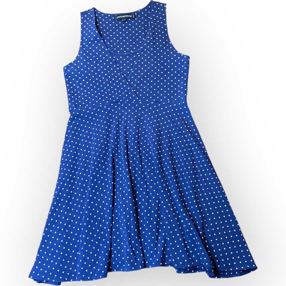 Simons Contemporaire Blue White Polka Dot Sleeveless Stretch Mini Dress Medium - Picture 5 of 10